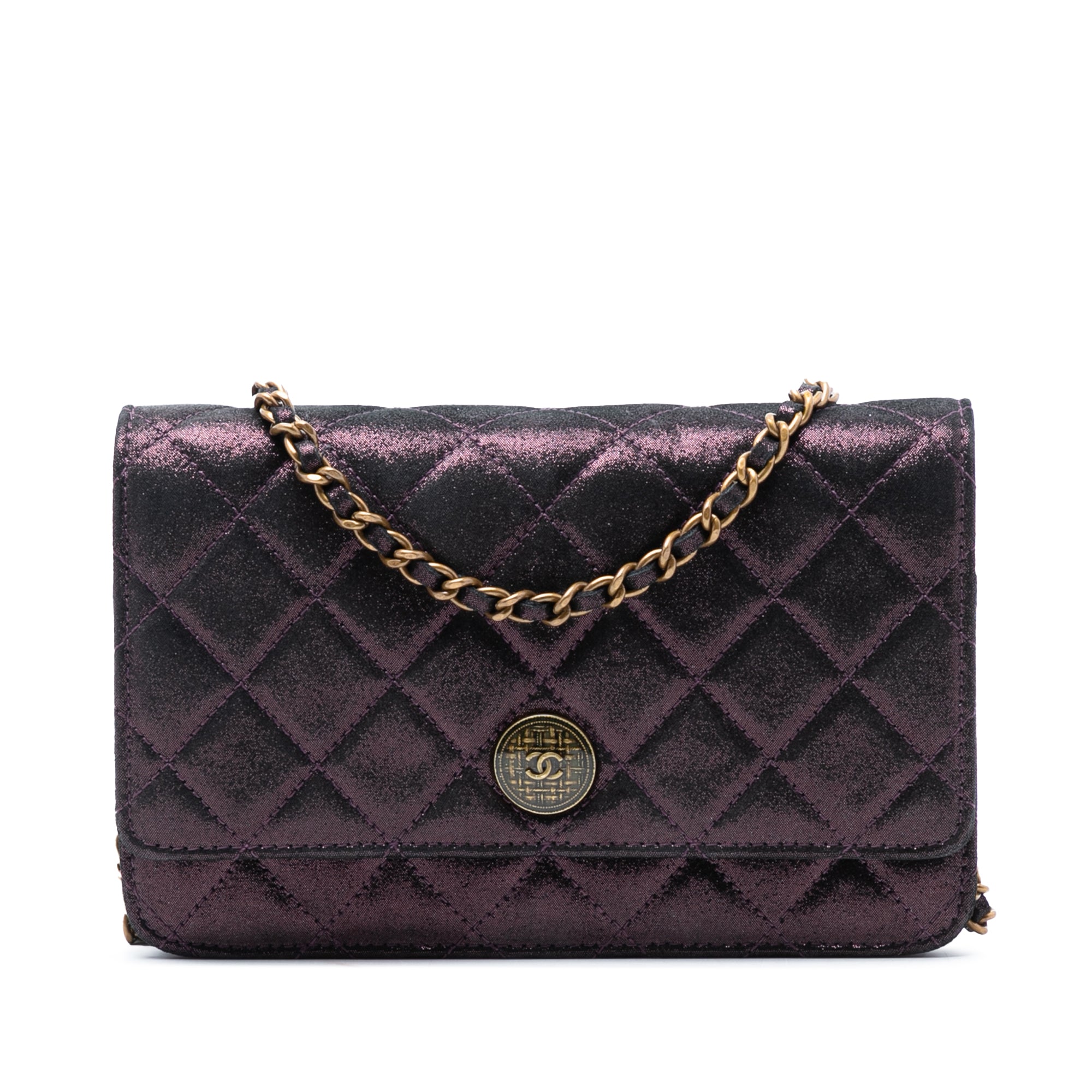 Quilted Iridescent Lambskin Tartan Button Wallet On Chain