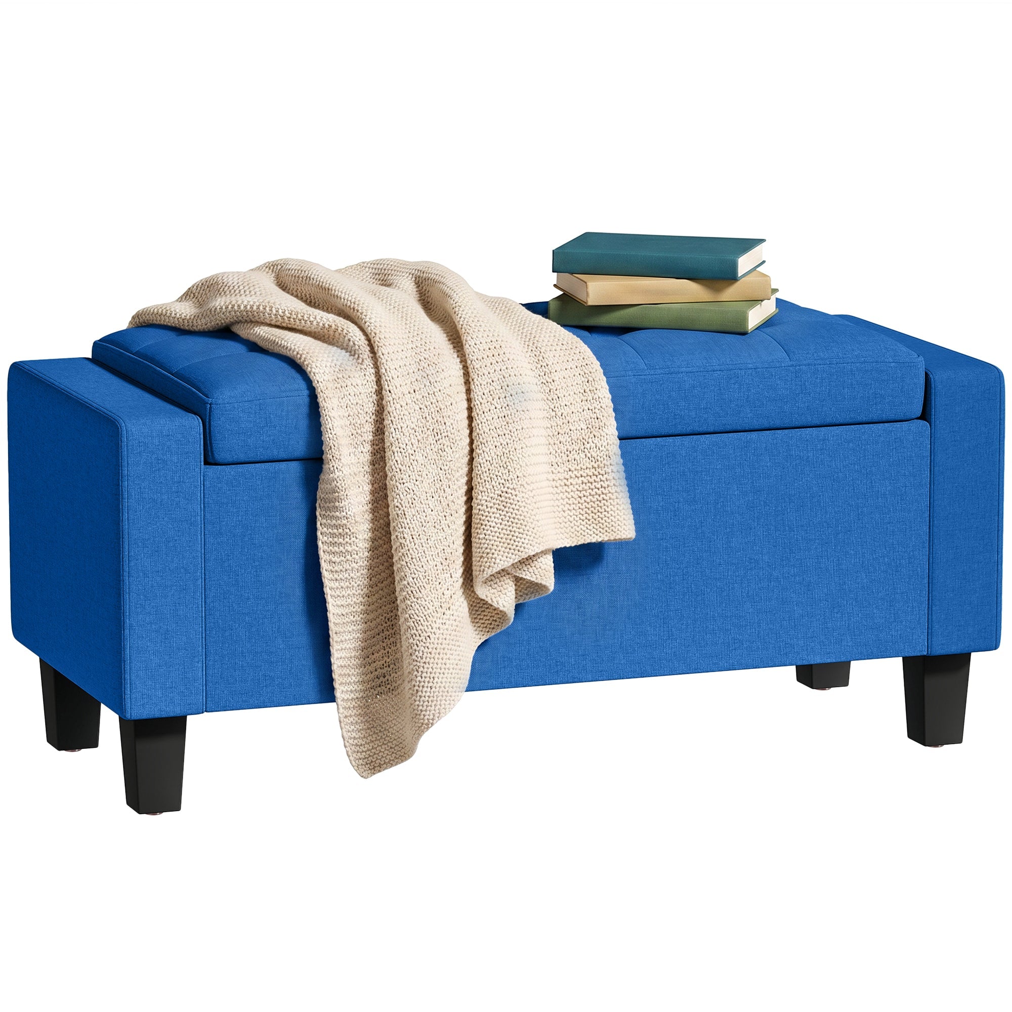Tufted Fabric Storage Ottoman with Wooden Legs & Armrests, 36.6" Rectangular Bench for Living Room or Entryway, Blue