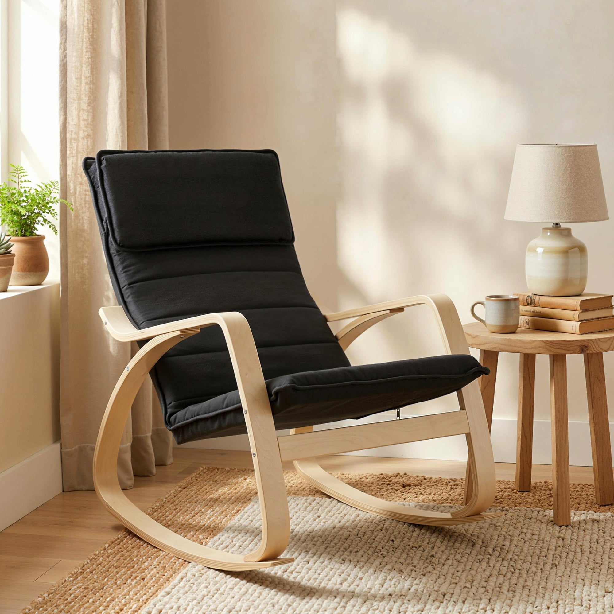 Comfortable Rocking Upholstered Lounge Chair with High Back and Headrest, Black