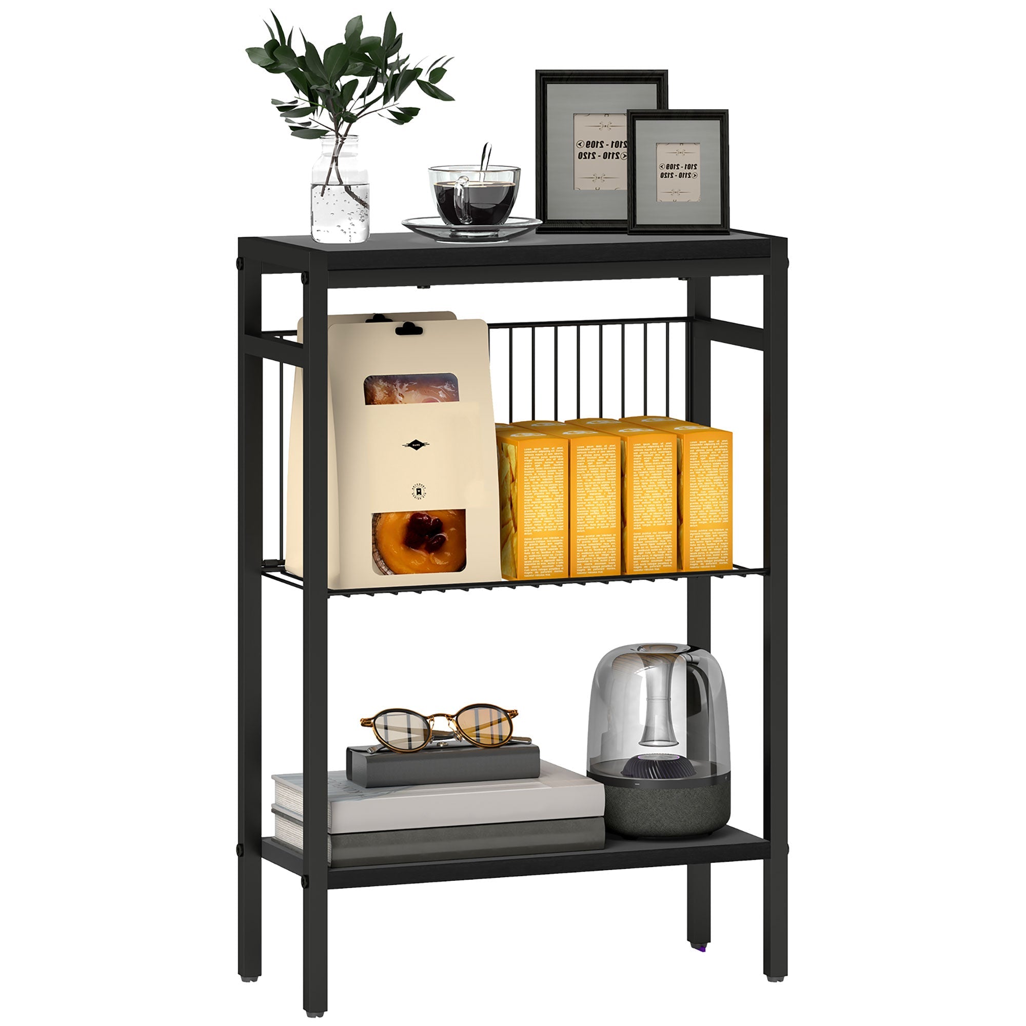 Side Table with 3-Tier Storage, Sofa End Table with Steel Frame for Living Room, Black