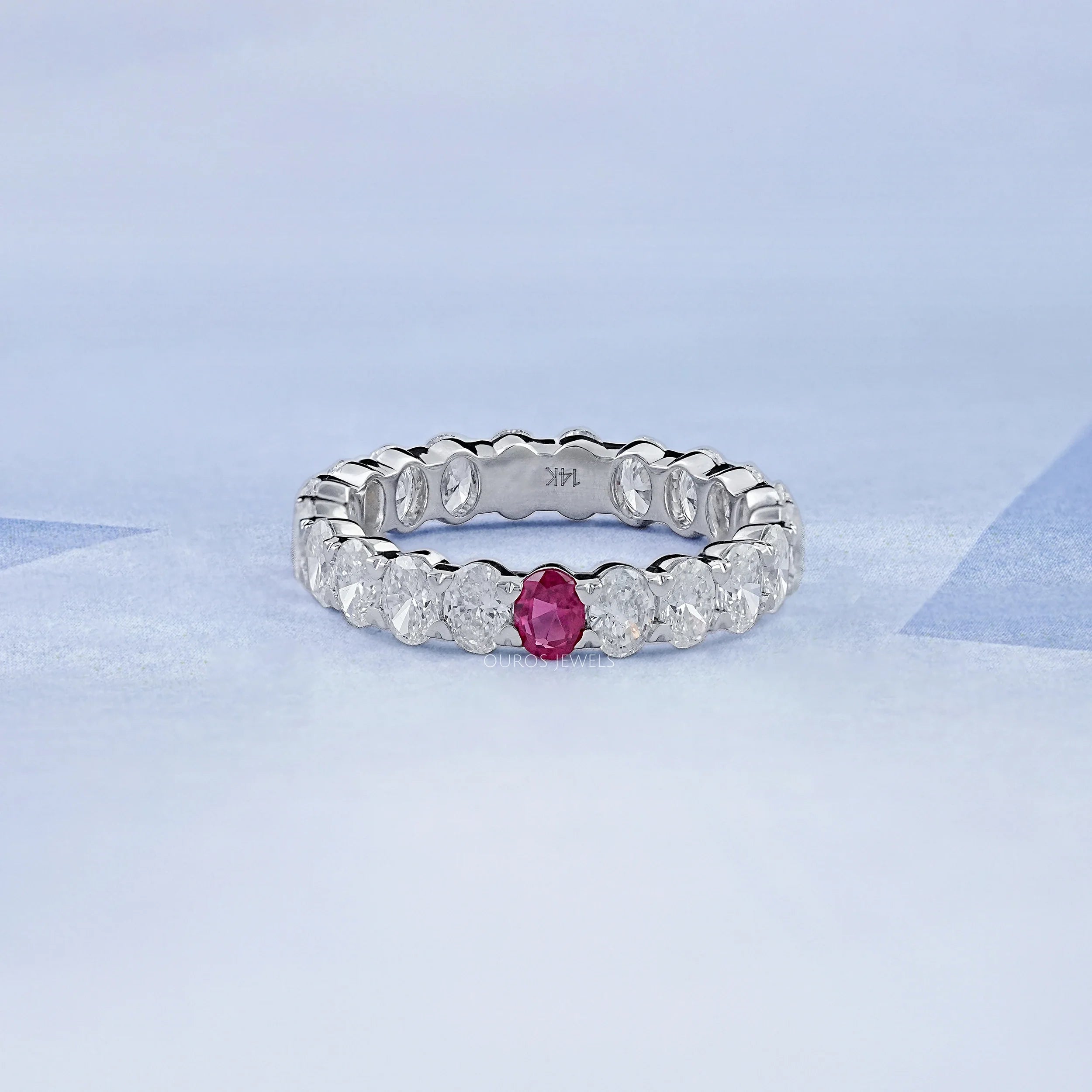 Red Oval Gemstone Eternity Wedding Band