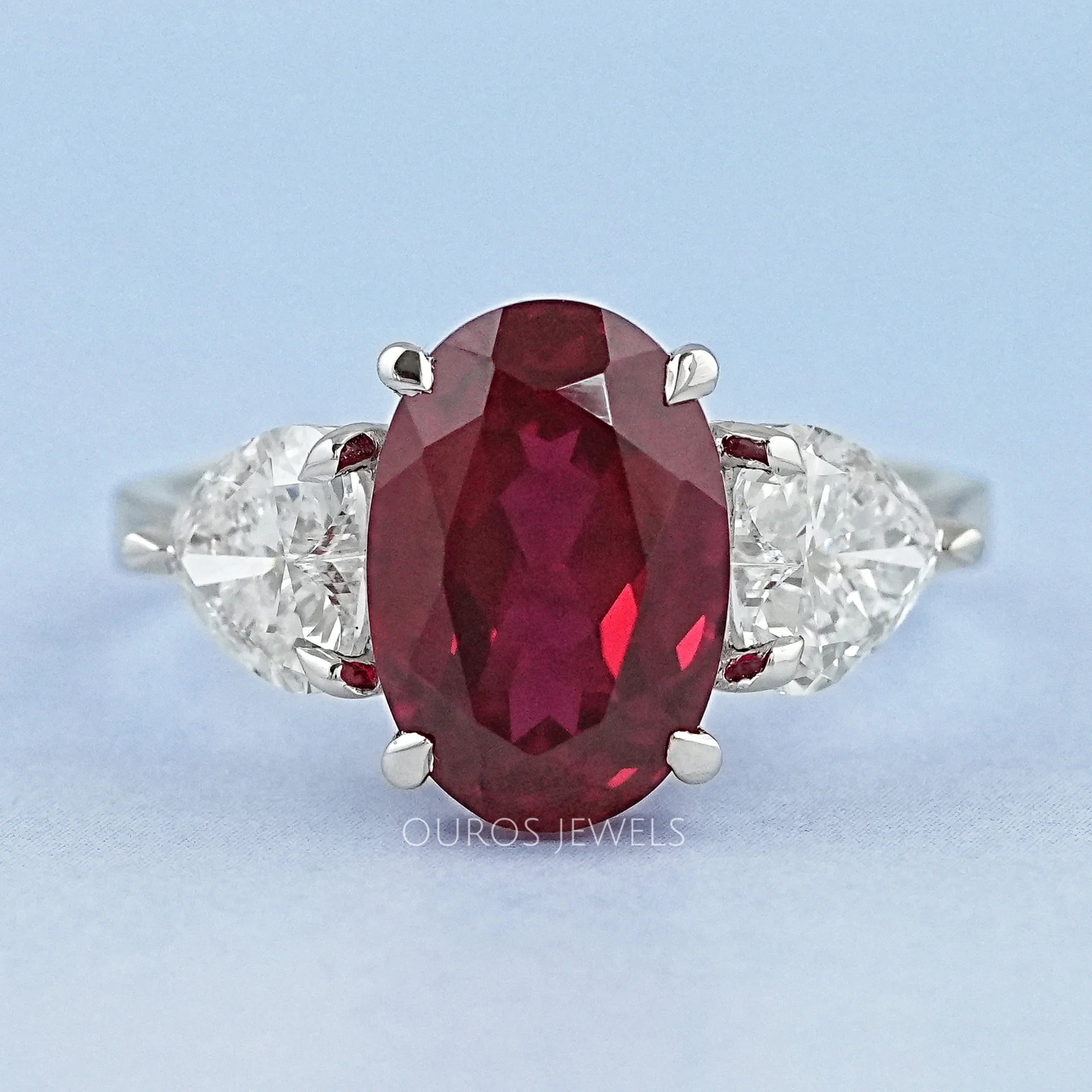 3 Stone Oval Ruby Lab Gemstone Ring