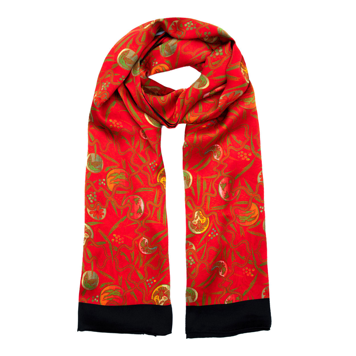 Red Silk Scarf with Abstract Floral Print Kabuki