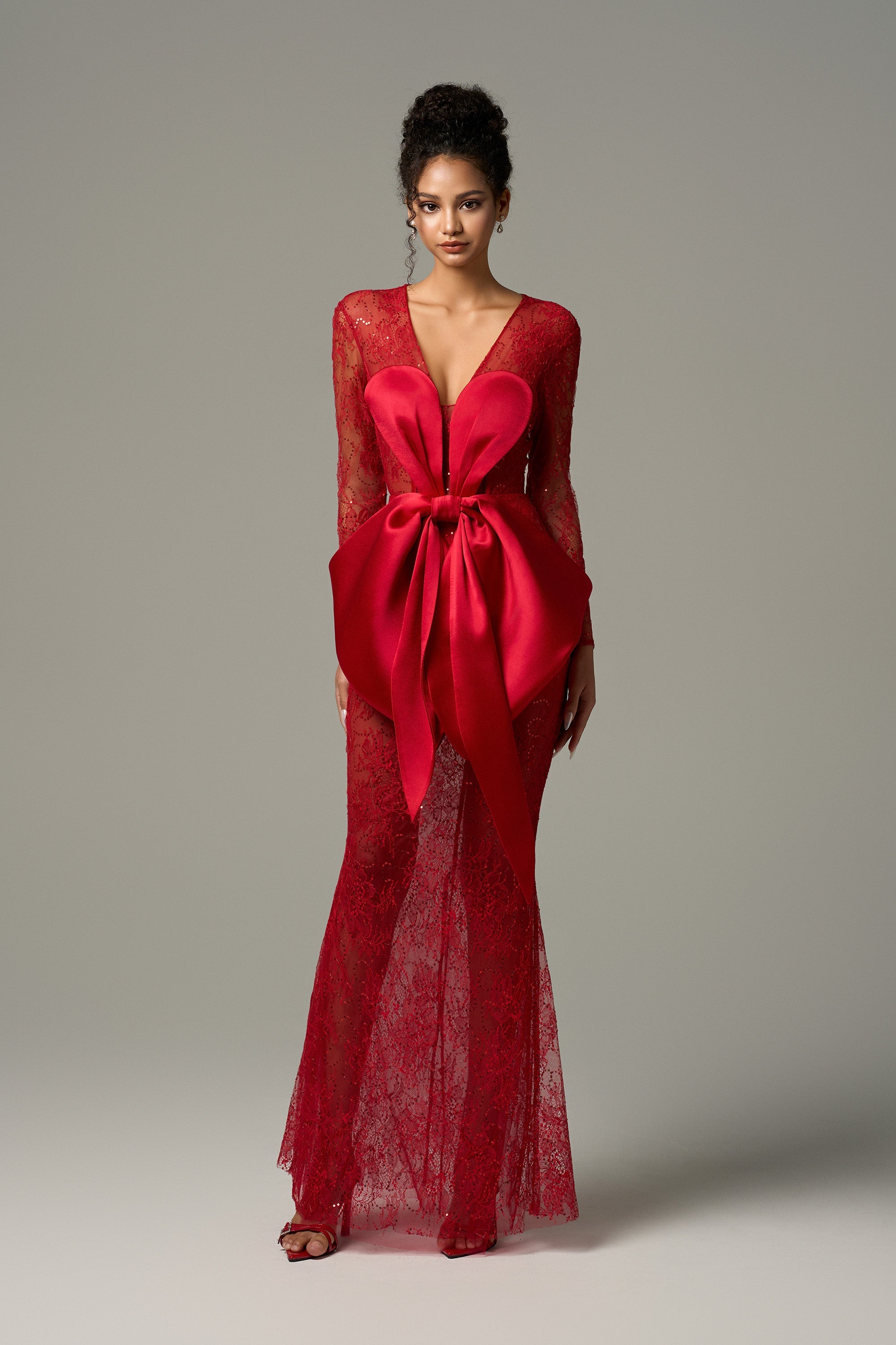 Lavinia Long Sleeve Lace Maxi Dress With Silk Oversized Bow Accent