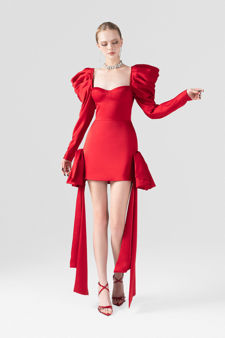 Avant-Garde Puffed Sleeves Corset Mini Silk Dress