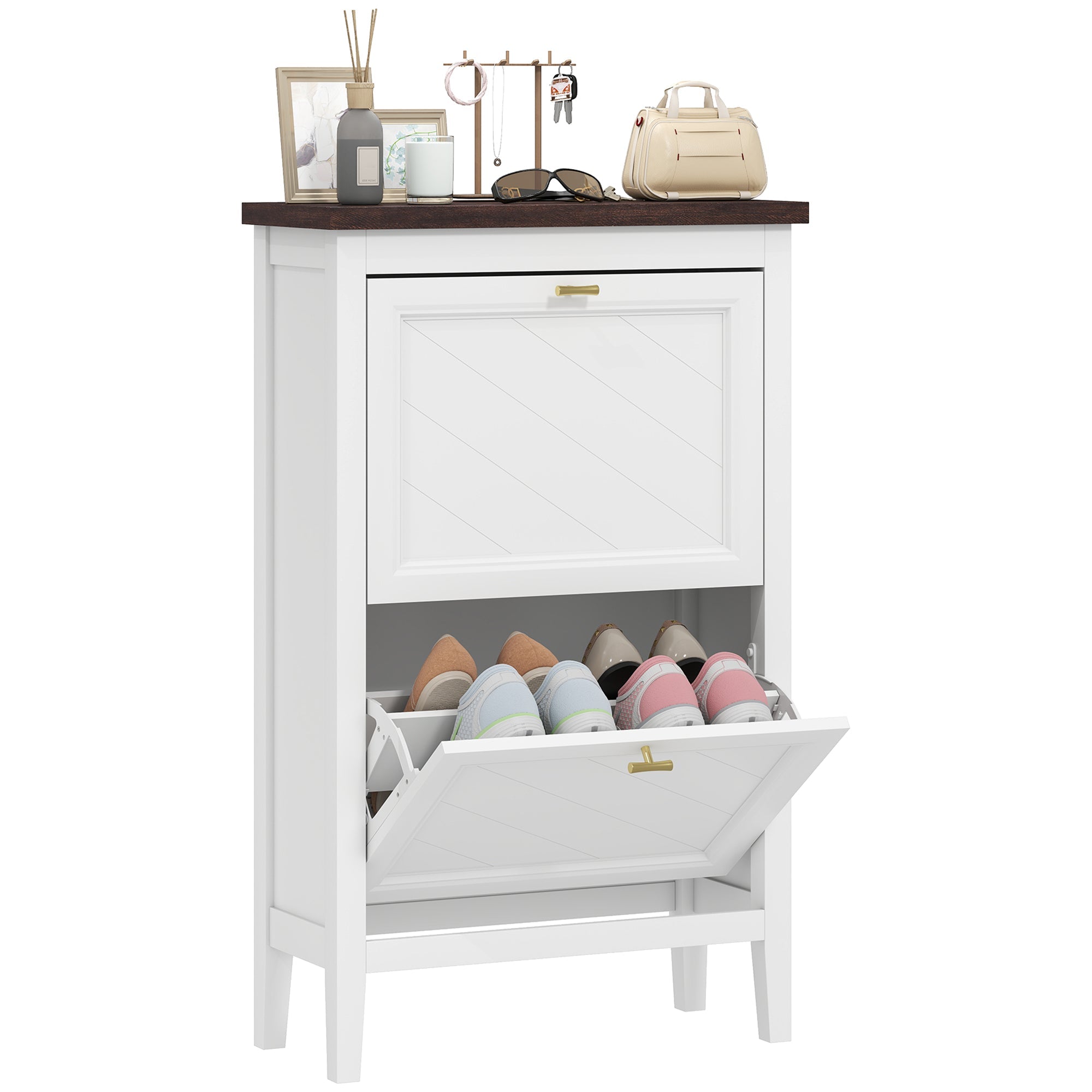 Narrow Shoe Cabinet with 2 Flip Drawers, Adjustable Shelf, Fits 8-12 Pairs White