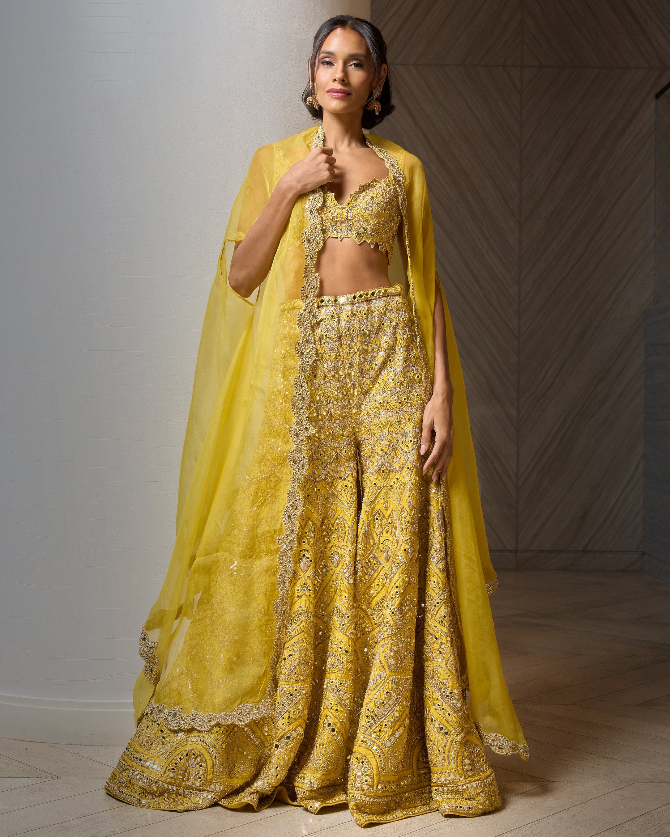 Yellow Raw Silk High Waist Sharara Cape Set By KYNAH, Luxury Indian Fashion & Bridal Wear