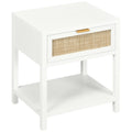 Boho Nightstand with Drawer & Open Shelf, Rattan Bedside Table for Bedroom, White