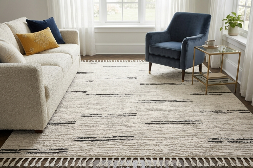 Riad Black Striped White Rug with Tassels