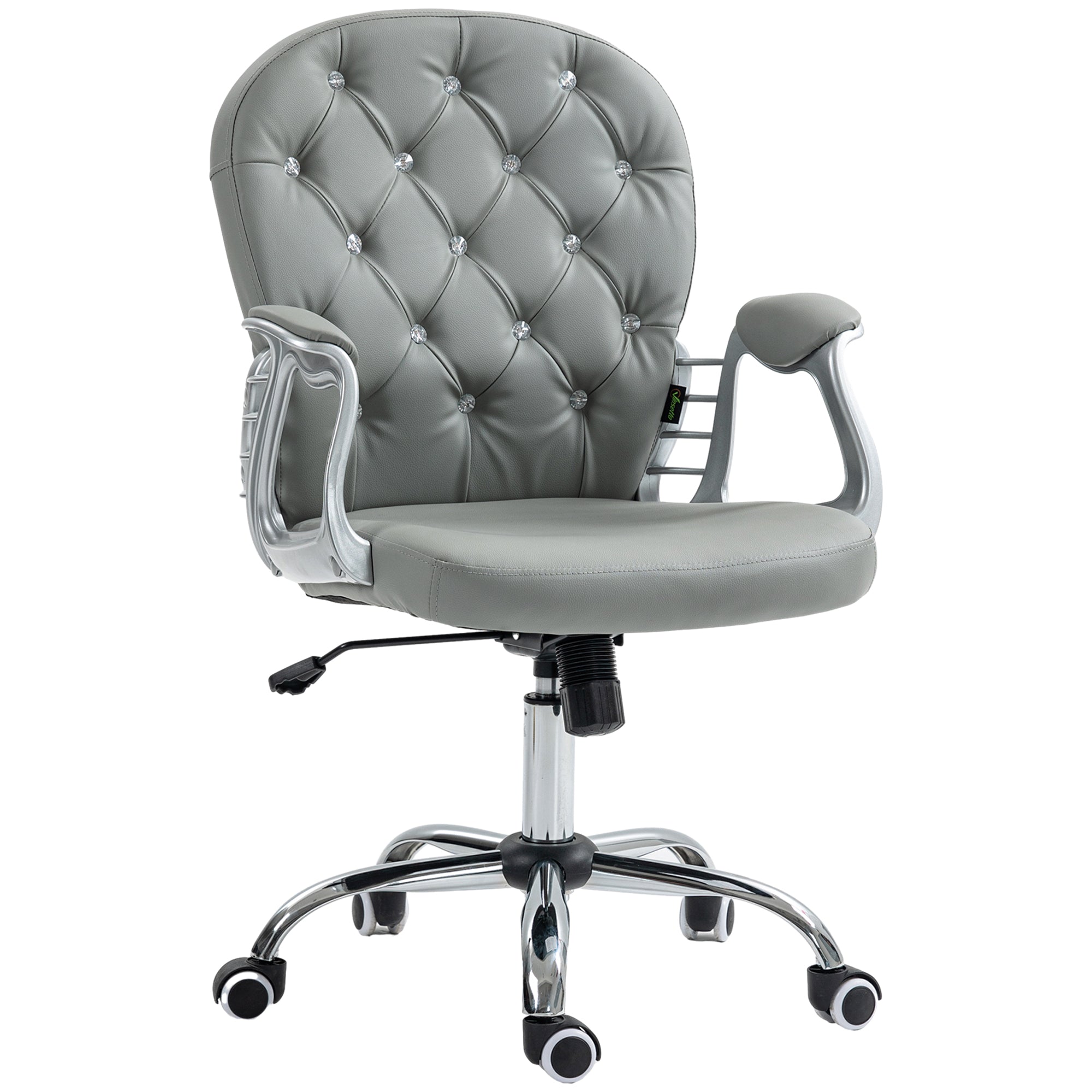 Swivel Desk Chair, PU Vanity Chair with Adjustable Height and Rolling Wheels, Grey