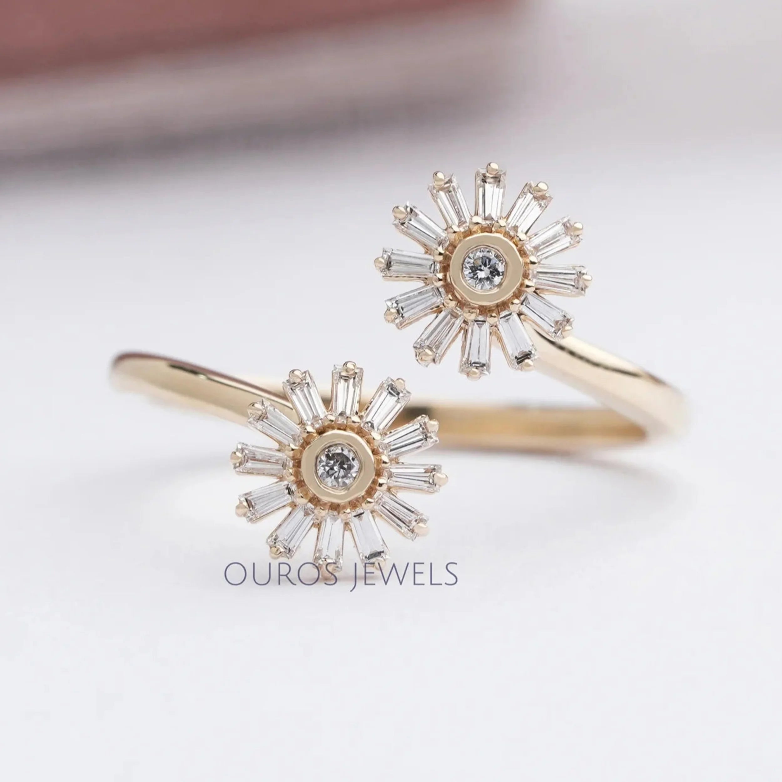 Two Flower Shape Tapered Baguette Cut Lab  Diamond  Bypass Ring
