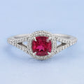 Cushion Cut Red Ruby Split Shank Halo Engagement Ring