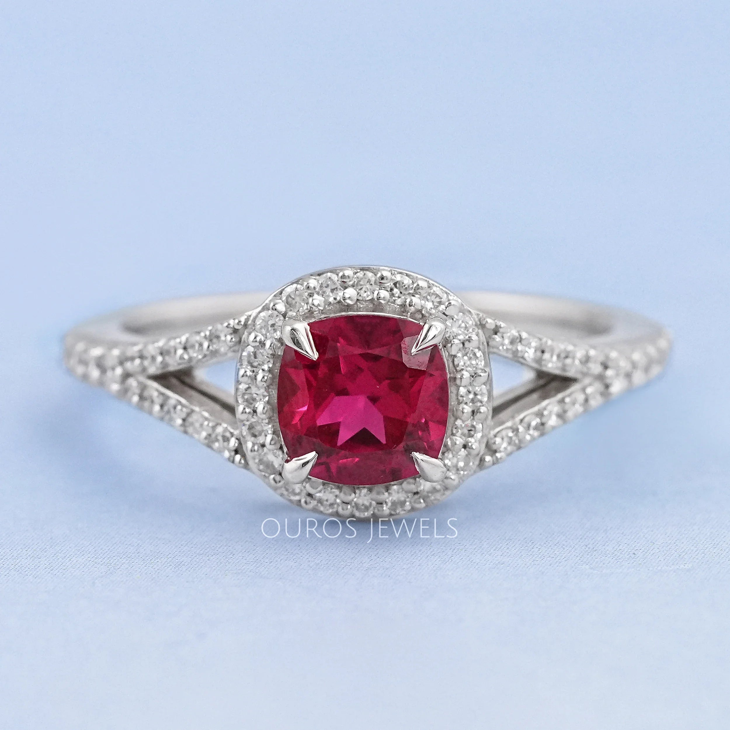 Cushion Cut Red Ruby Split Shank Halo Engagement Ring