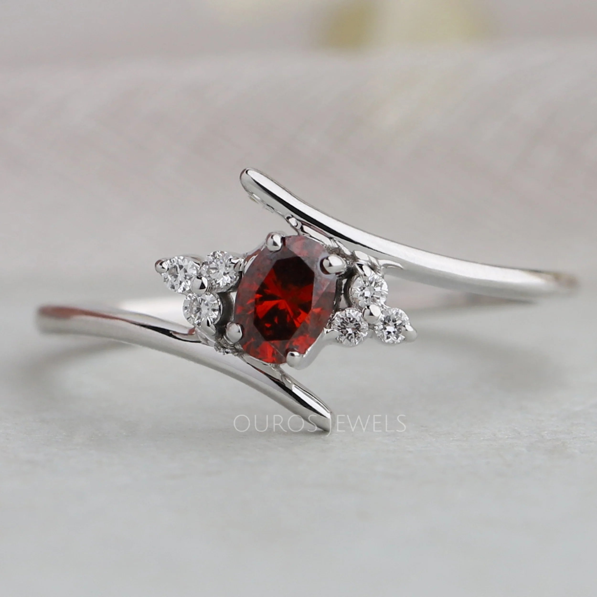 Red Oval Cut Lab Diamond  Bypass Ring