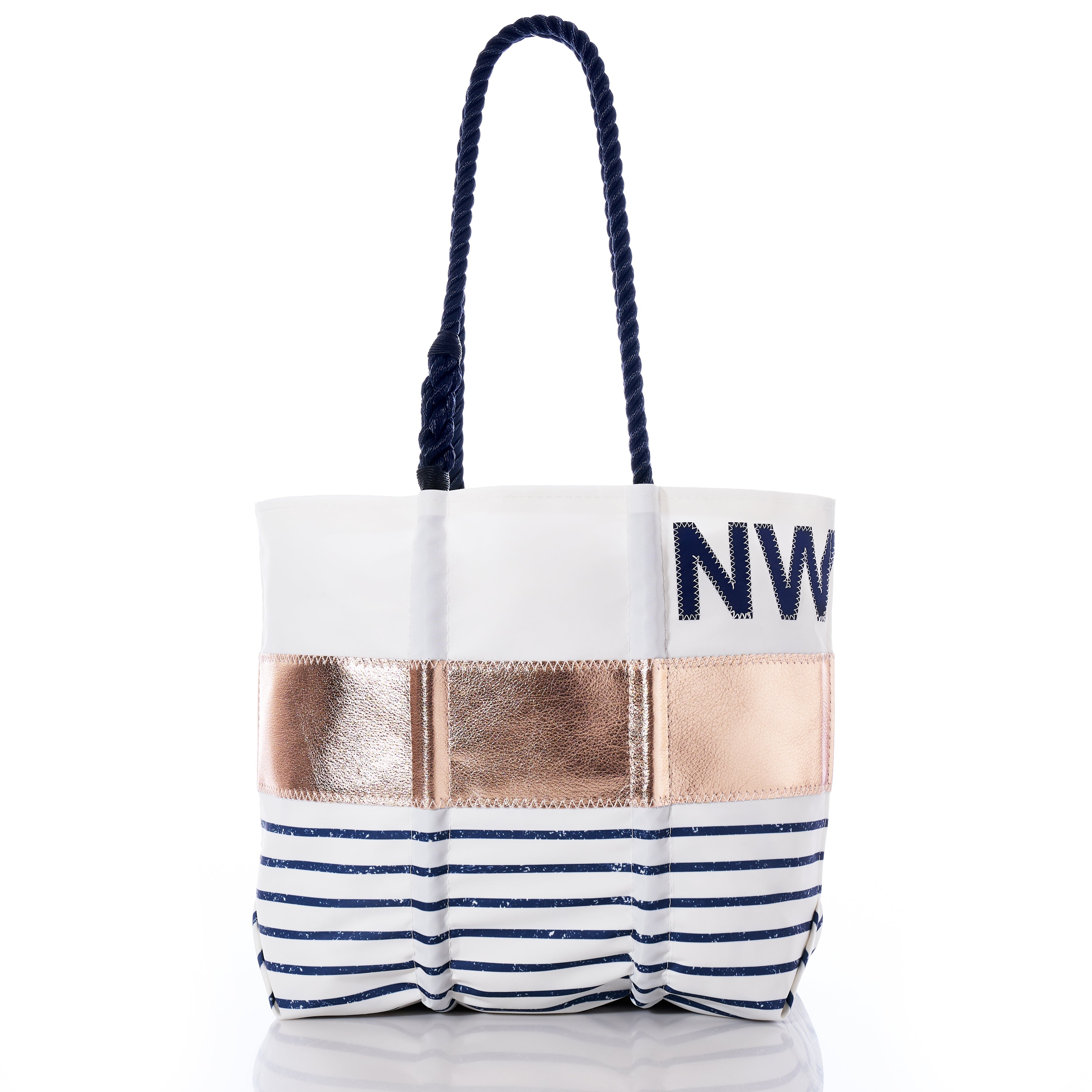 Custom Monogram Rose Gold-on-Navy Mariner Stripe Medium Tote Handmade in Maine from Recycled Sails