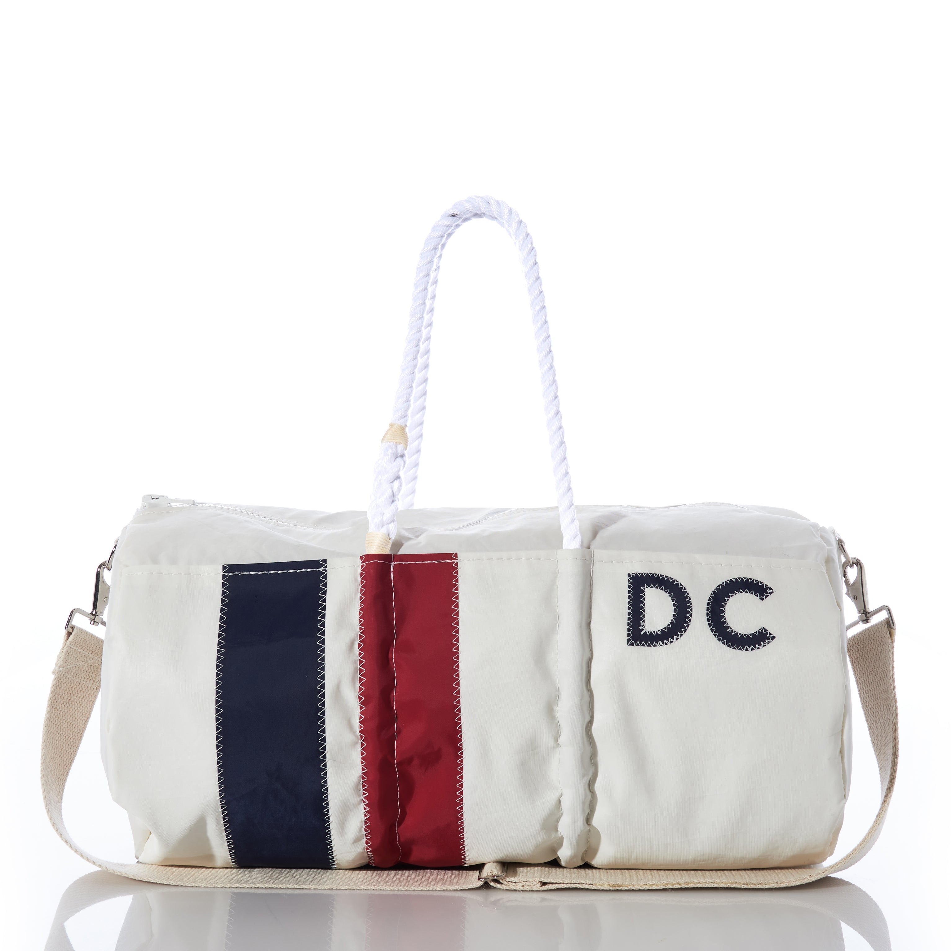 Custom Monogram Vertical Stripe Duffel Handmade in Maine from Recycled Sails