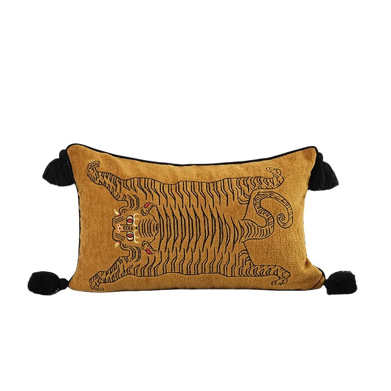 Golden Tiger Velvet Embroidered Throw Pillow