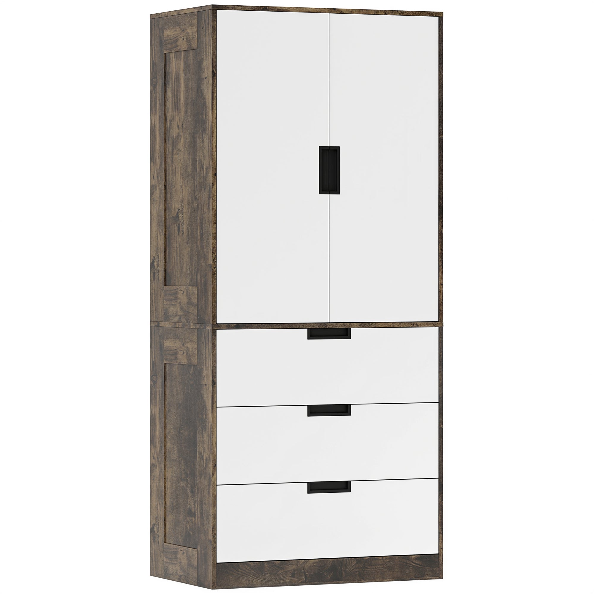 2-Door Wardrobe with 3 Drawers & Hanging Rail, 50D x 80W x 180Hcm Rustic Brown