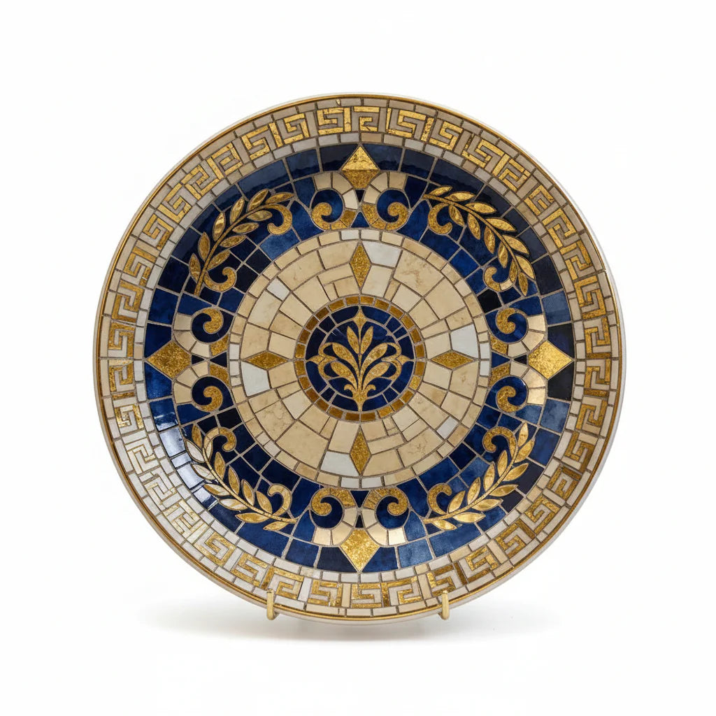 Blue & White Geometric Mosaic Ceramic Wall Plate