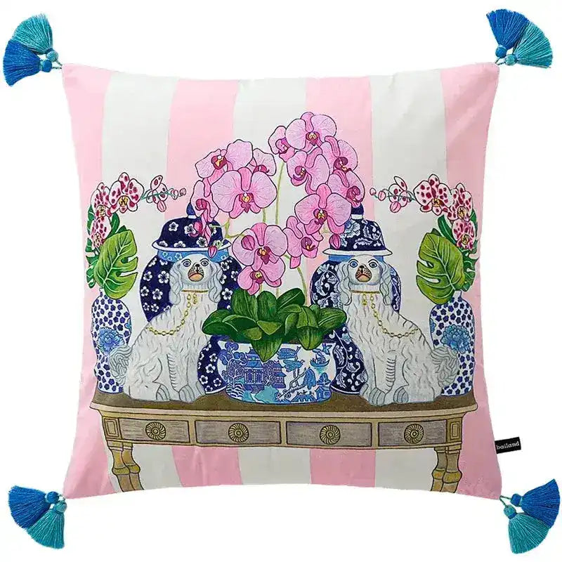 Floral Chinoiserie Staffordshire Dog Throw Pillow Cover with Tassels