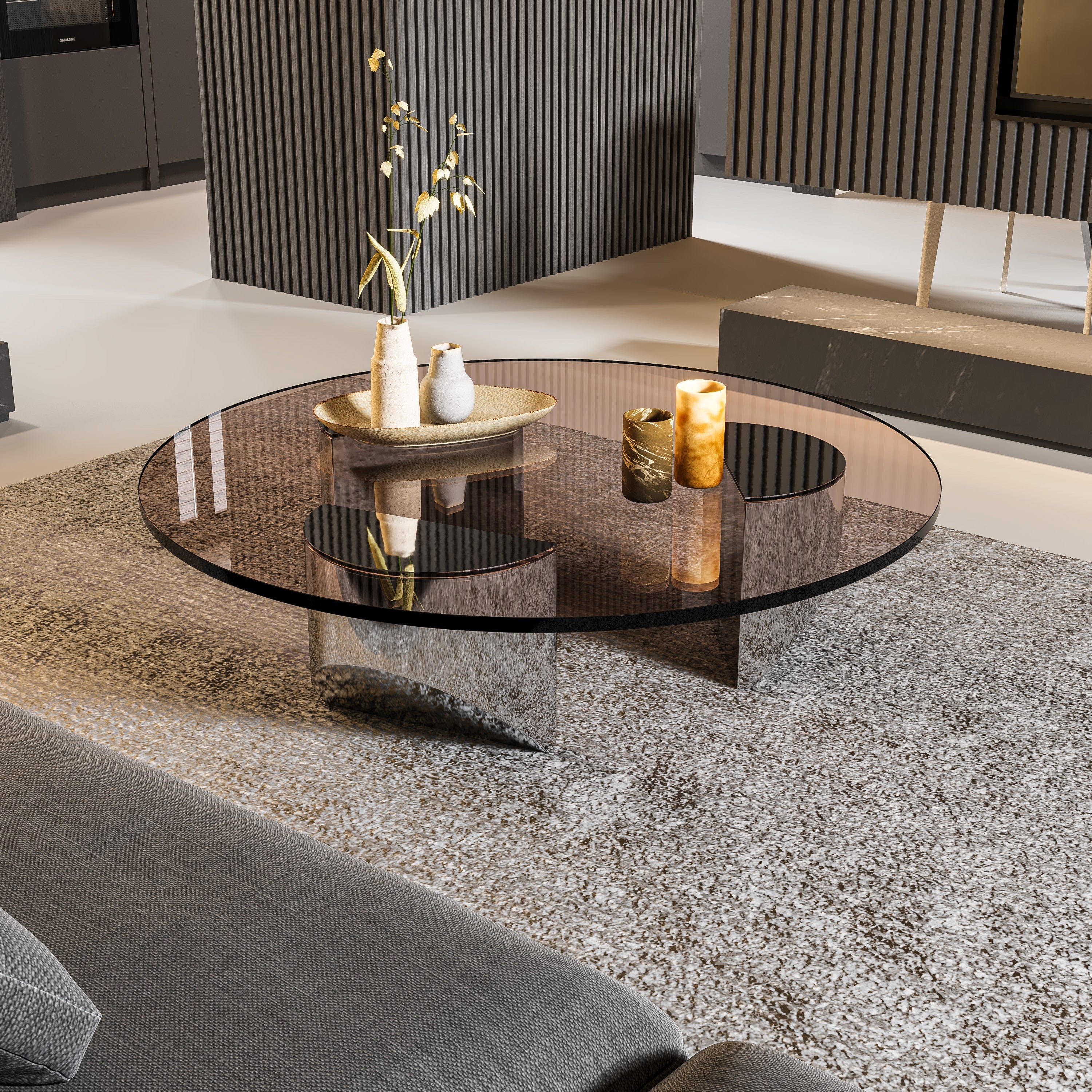 ArtZ® Nordic Design Round Glass Wedge Coffee Table - Bronze Color Glass - Polished Steel Legs