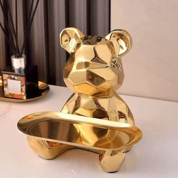ArtZ® Ceramic Geometric Bear Sculpture Tray And Piggy Bank - Gold Tray Down