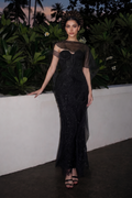 Asha Couture Dual Style Bandeau Layered 3D Lines Maxi Dress With Veil