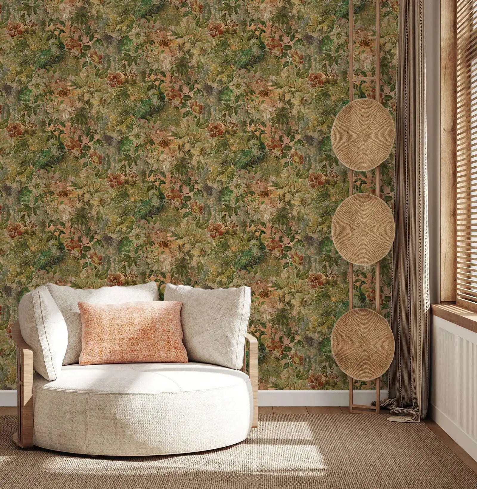 Green Floral Peacock Wallpaper