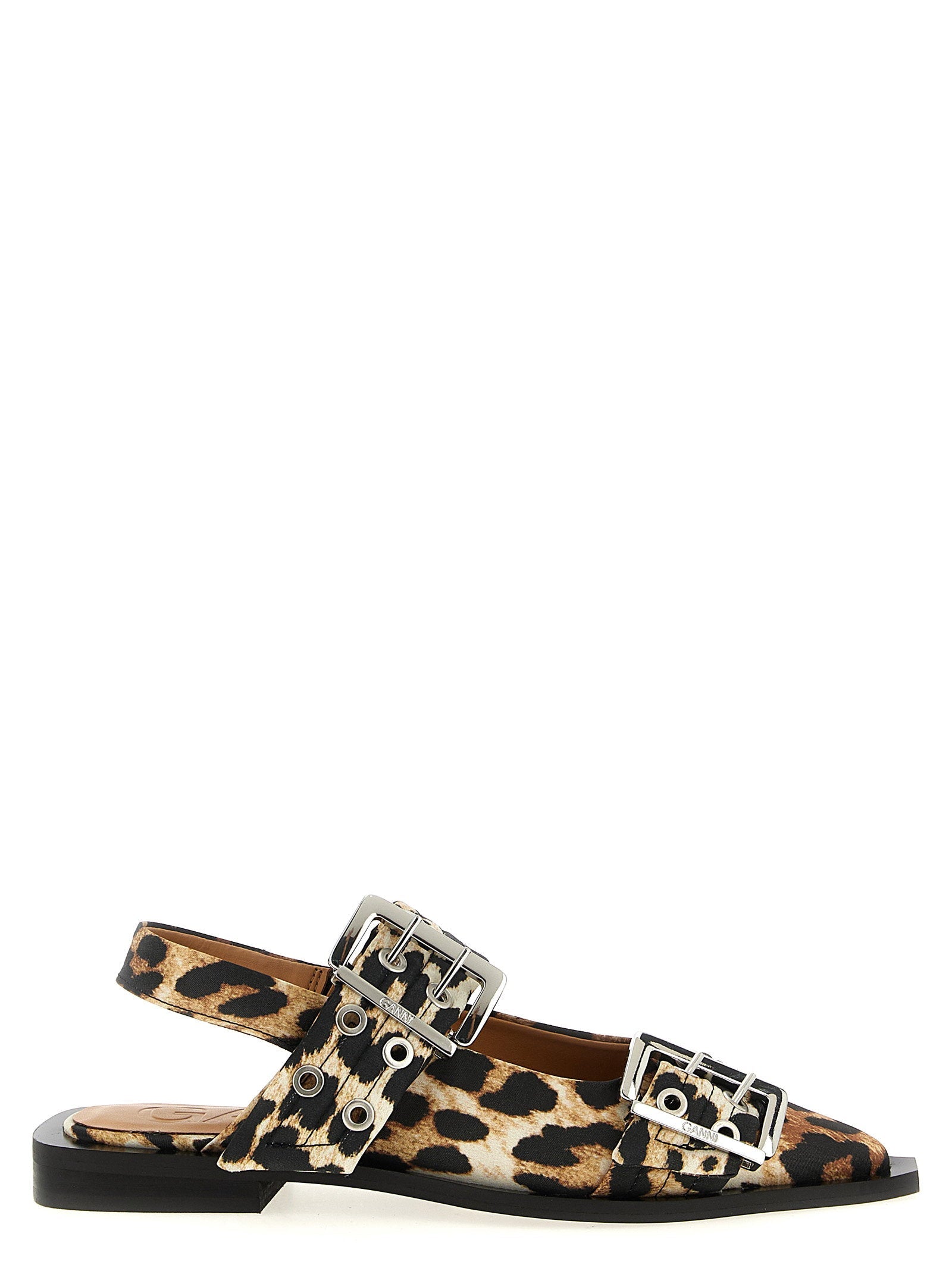 Ganni Leopard-Print Satin Buckle Slingback Flat — Leopard