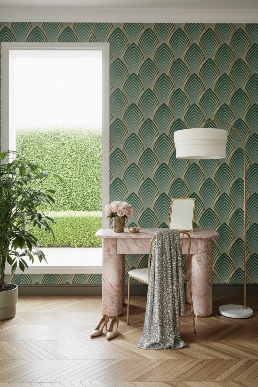 Green and Gold Abstract Geometric Art Deco Wallpaper