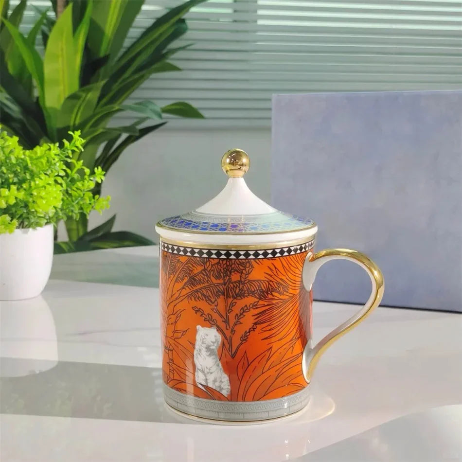 European Tiger Bone China Mug with Lid