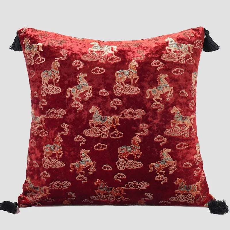 Dynasty Steed Velvet Chinoiserie Horse Throw Pillow