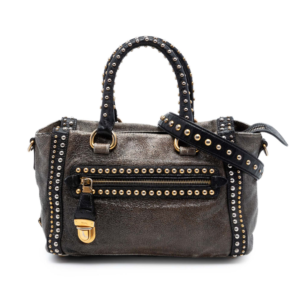 Craquele Leather Studded Satchel