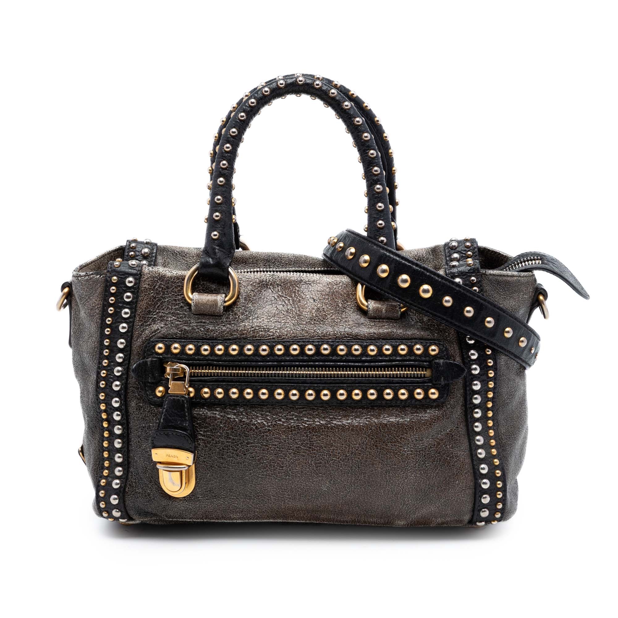Craquele Leather Studded Satchel
