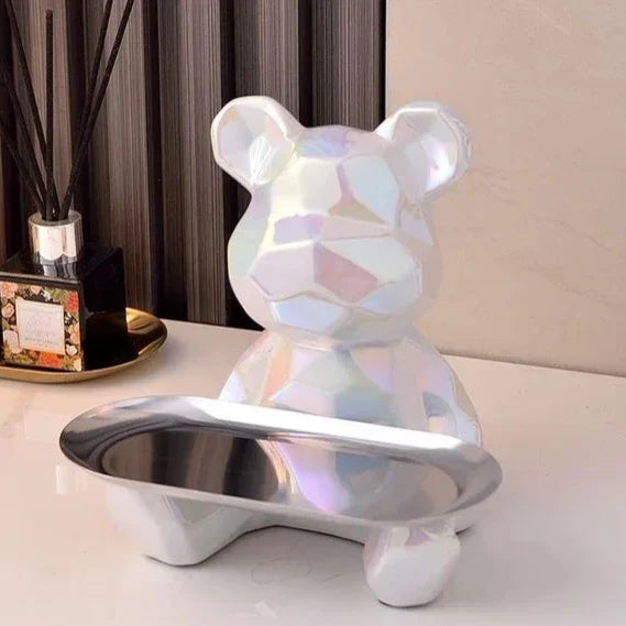 ArtZ® Ceramic Geometric Bear Sculpture Tray And Piggy Bank - White Tray Down