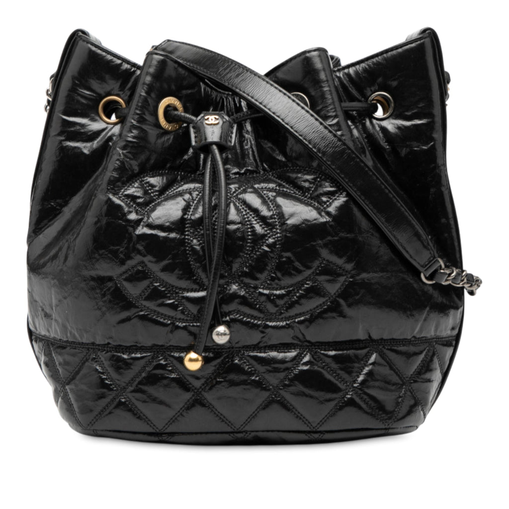 Shiny Aged Calfskin CC Chain Drawstring Bucket Bag