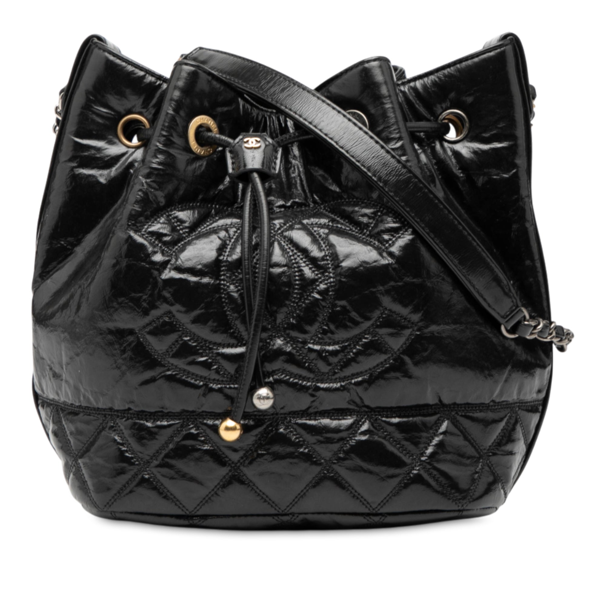 Shiny Aged Calfskin CC Chain Drawstring Bucket Bag