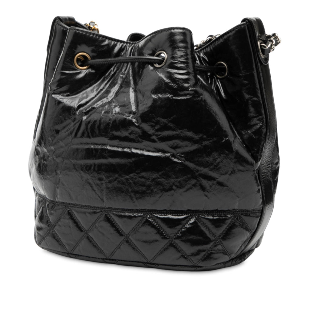 Shiny Aged Calfskin CC Chain Drawstring Bucket Bag