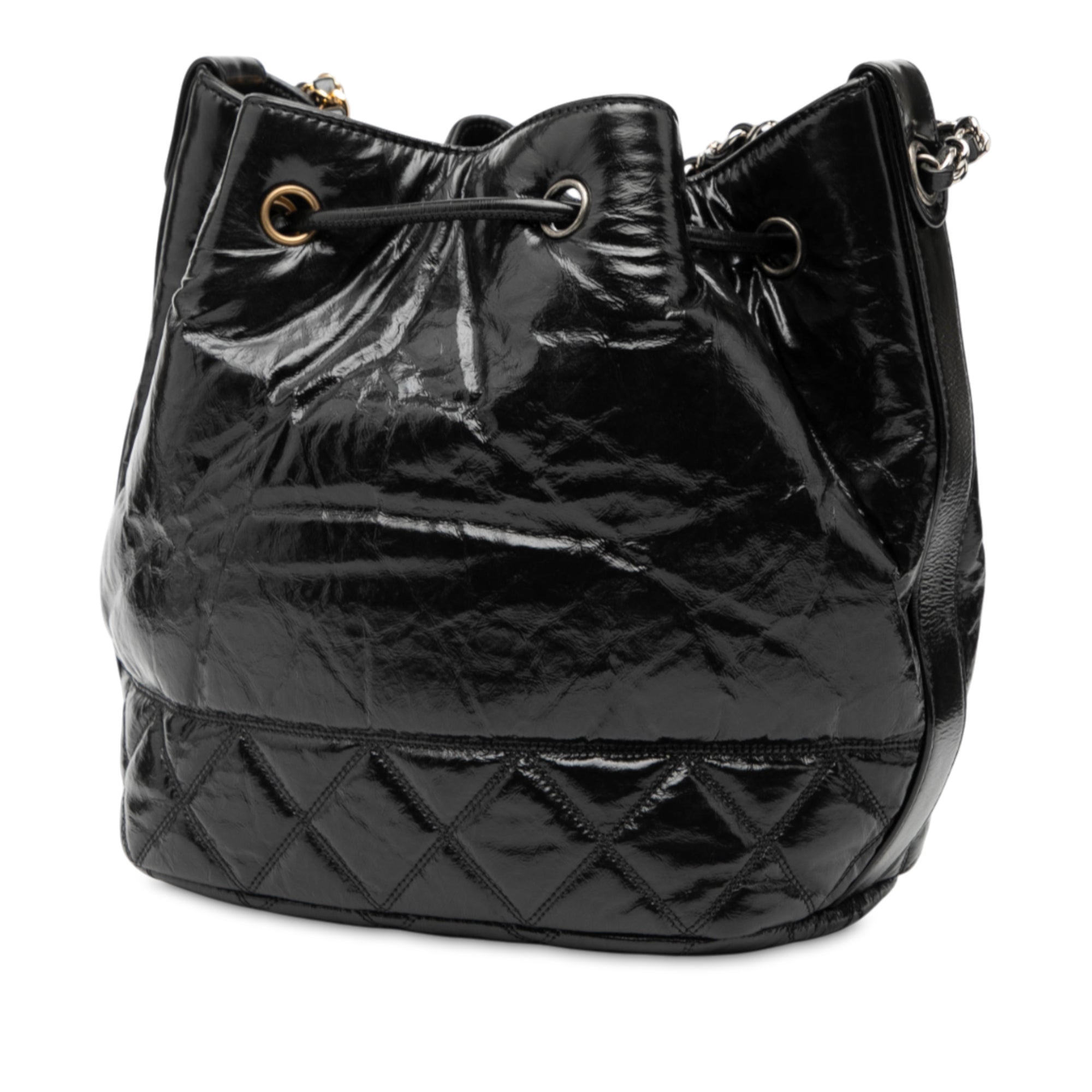 Shiny Aged Calfskin CC Chain Drawstring Bucket Bag