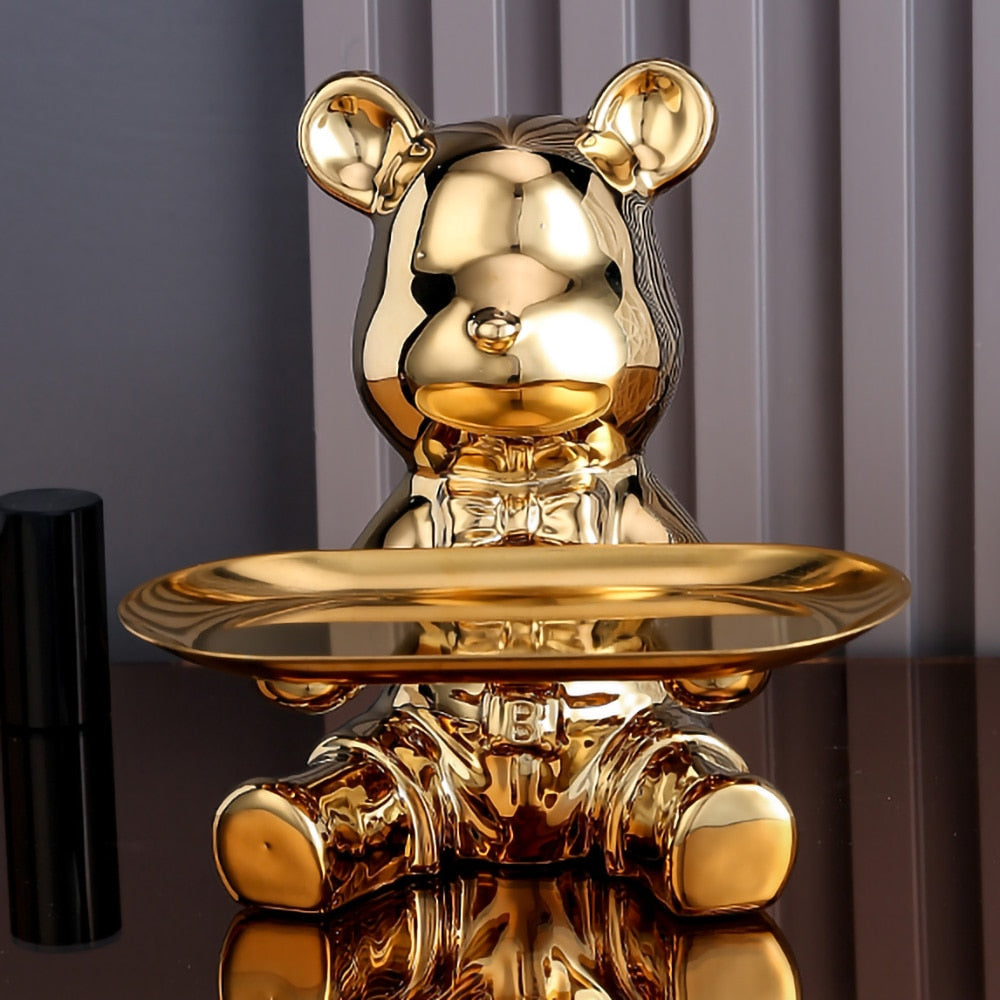 ArtZ® Ceramic Bear Sculpture Tray And Piggy Bank - Gold Tray Down