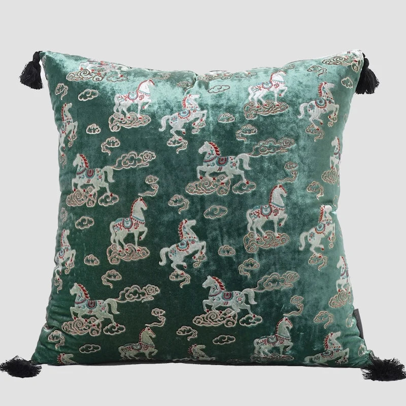 Crimson Stallion Velvet Chinoiserie Horse Throw Pillow