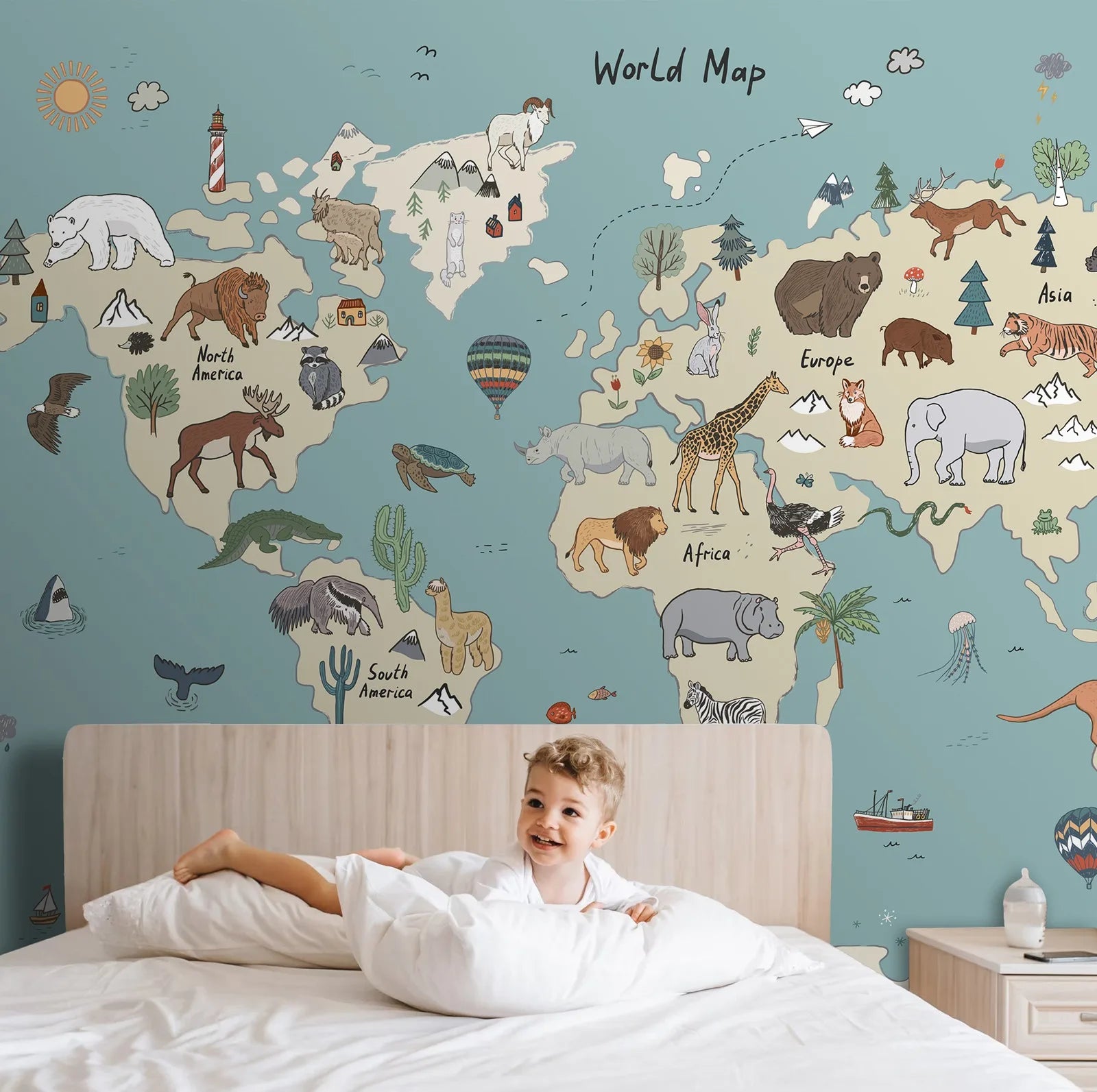 World Map With Animals Kids Mural