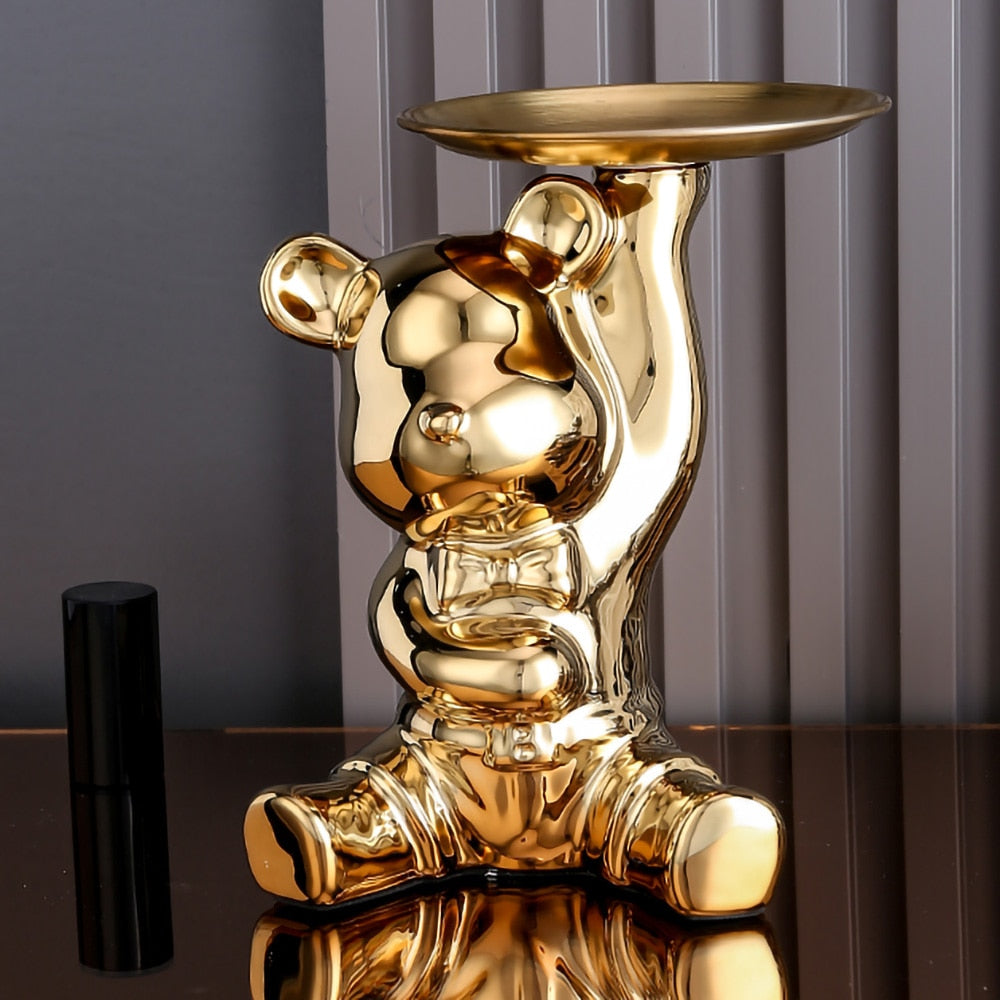 ArtZ® Ceramic Bear Sculpture Tray And Piggy Bank - Gold Tray Up