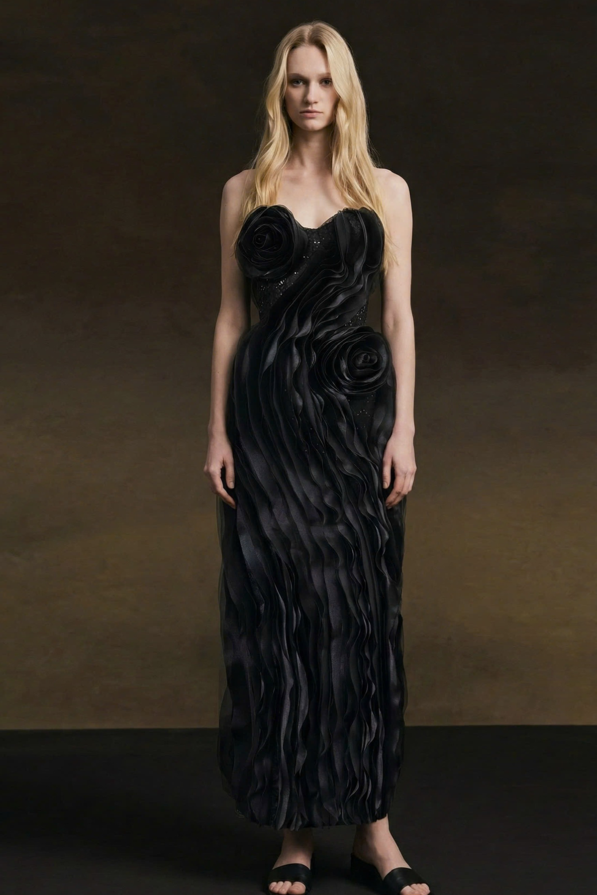 Ember Couture Dual Style Bandeau Layered 3D Roses Maxi Dress With Veil Black