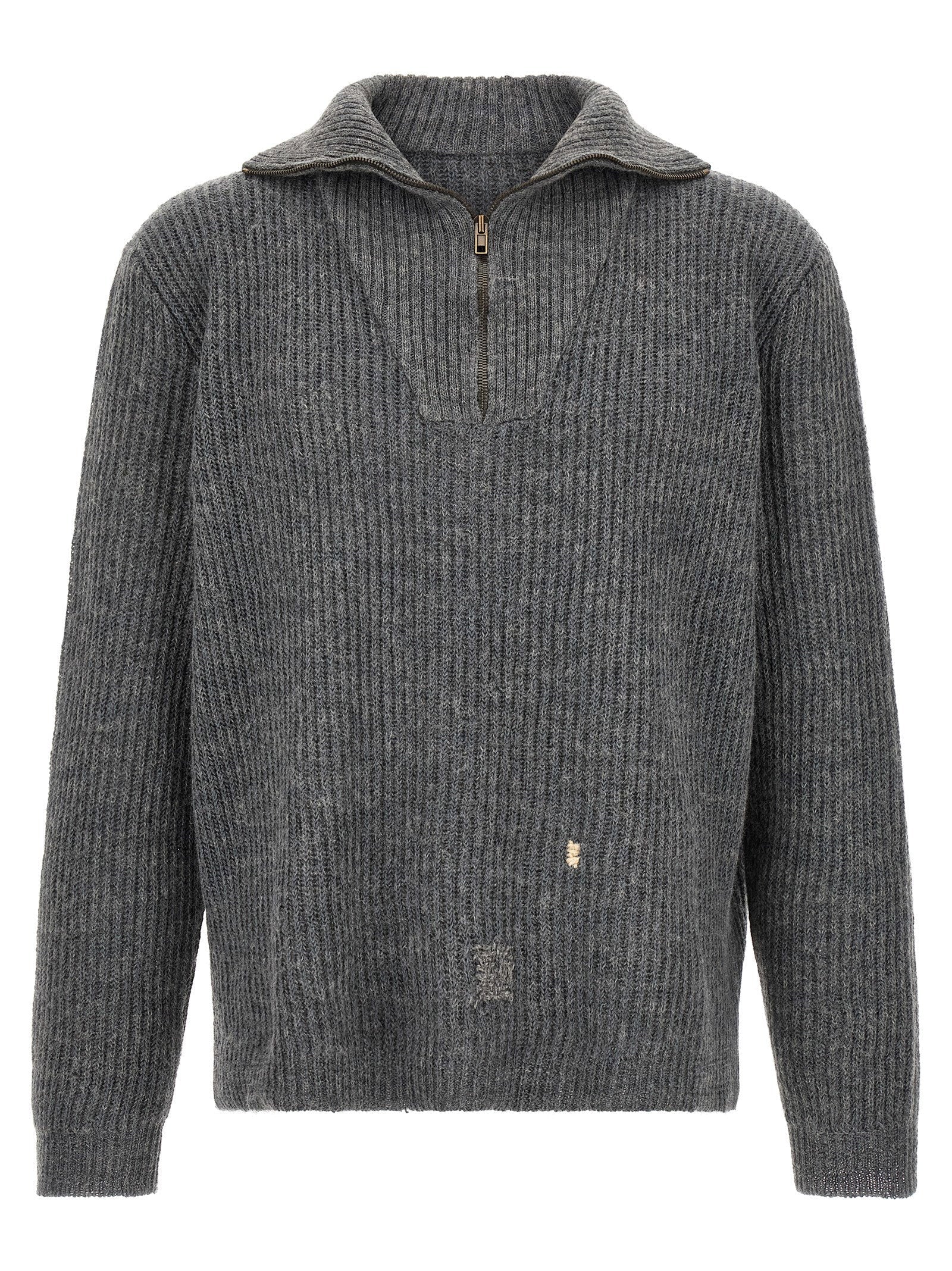 Maison Margiela Ribbed Wool-Linen with Mending Details Sweater — gray