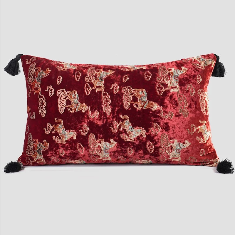 Imperial Horse Velvet Chinoiserie Throw Pillow