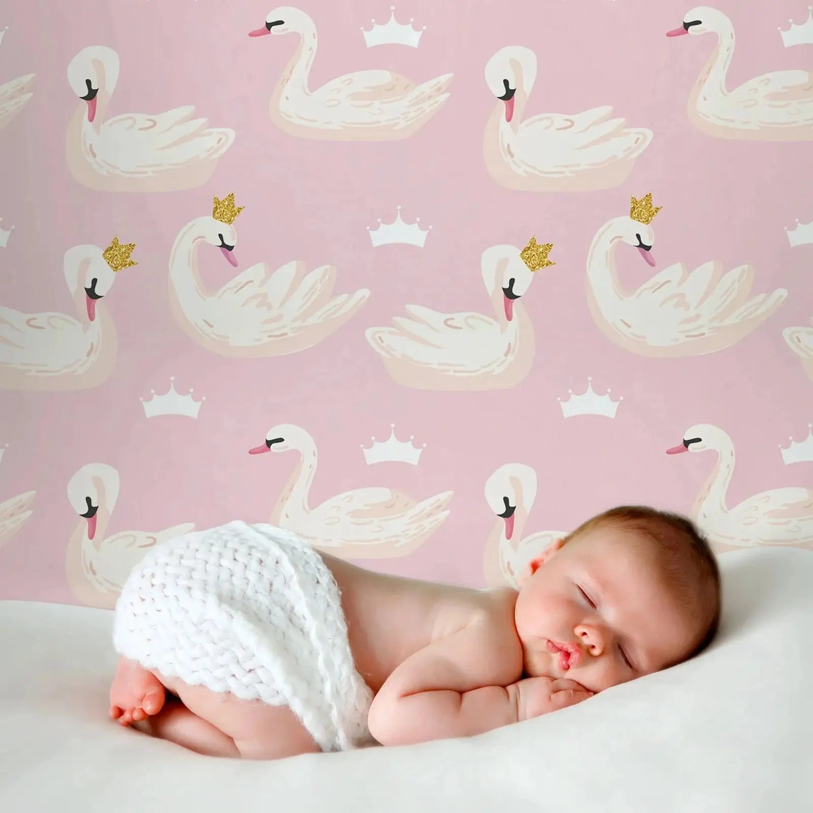 Pink Swans & Crowns Kids Wallpaper