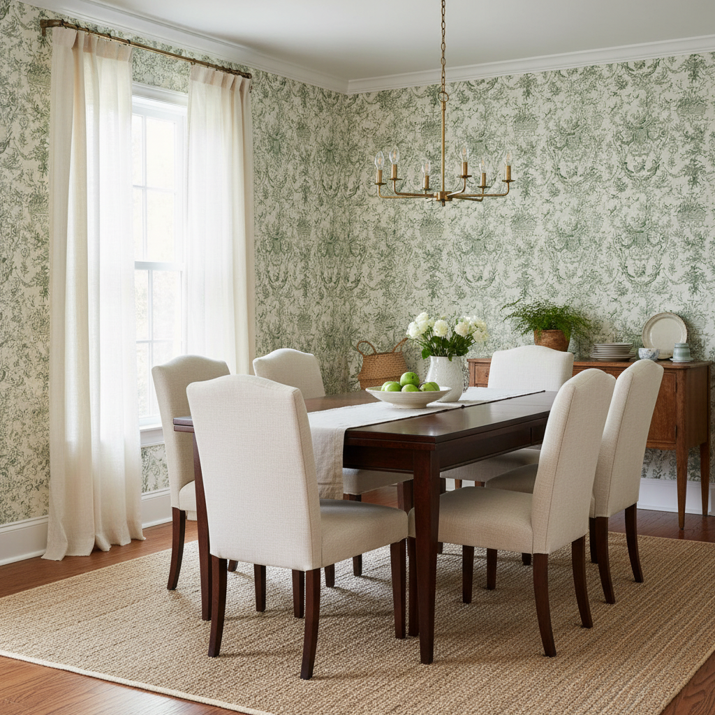 Green Toile Floral Wallpaper