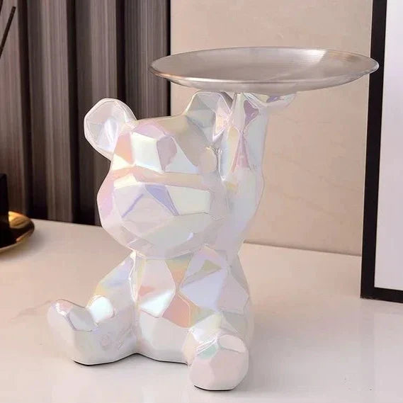 ArtZ® Ceramic Geometric Bear Sculpture Tray And Piggy Bank - White Tray Up