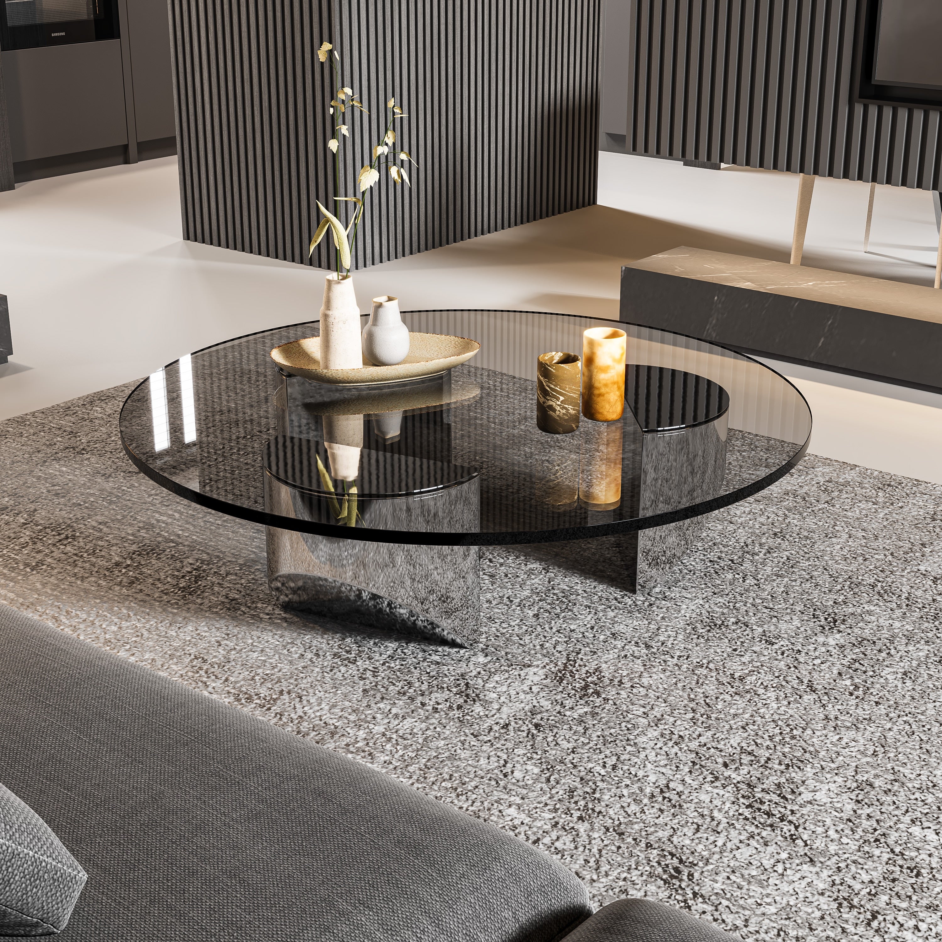 ArtZ® Nordic Design Round Glass Wedge Coffee Table - Black Color Glass - Polished Steel Legs